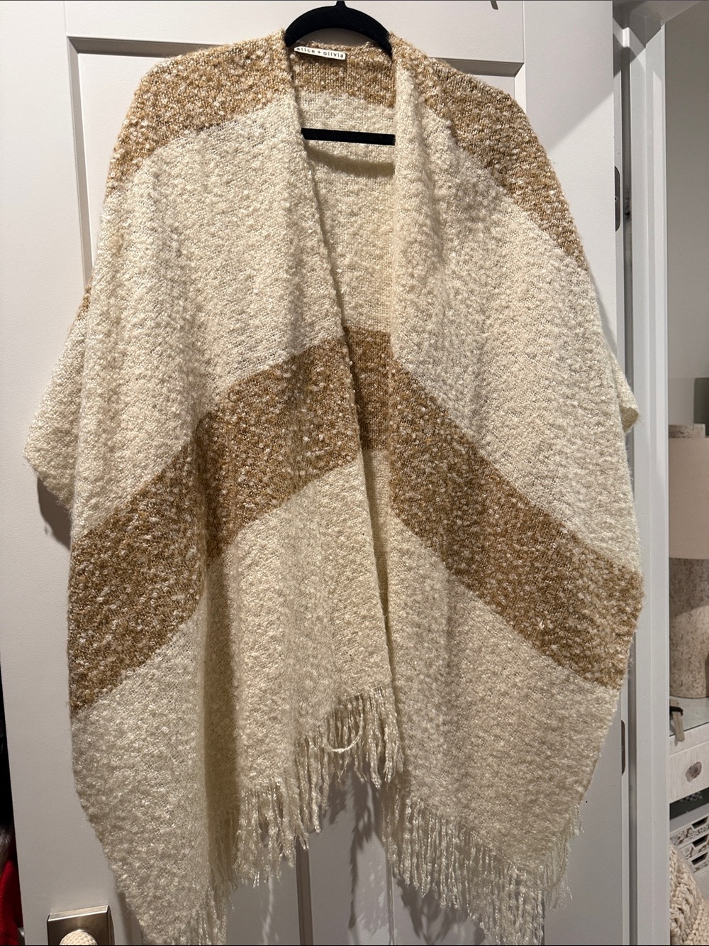 Alice + Olivia Cream and Tan Bouclé Throw Poncho with Fringe OS